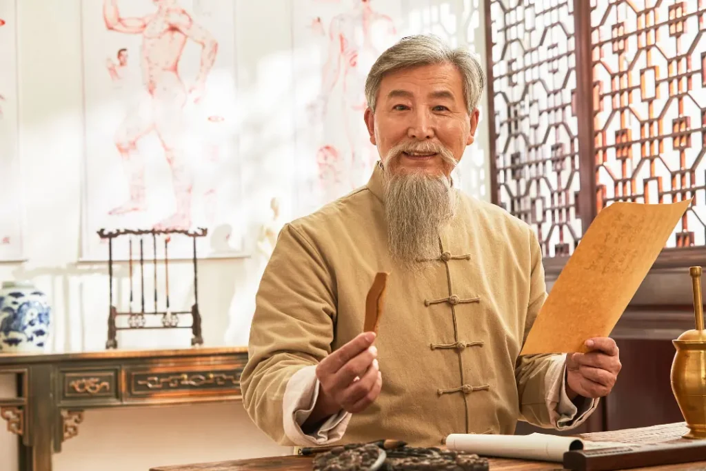 An old man preparing medicine. 