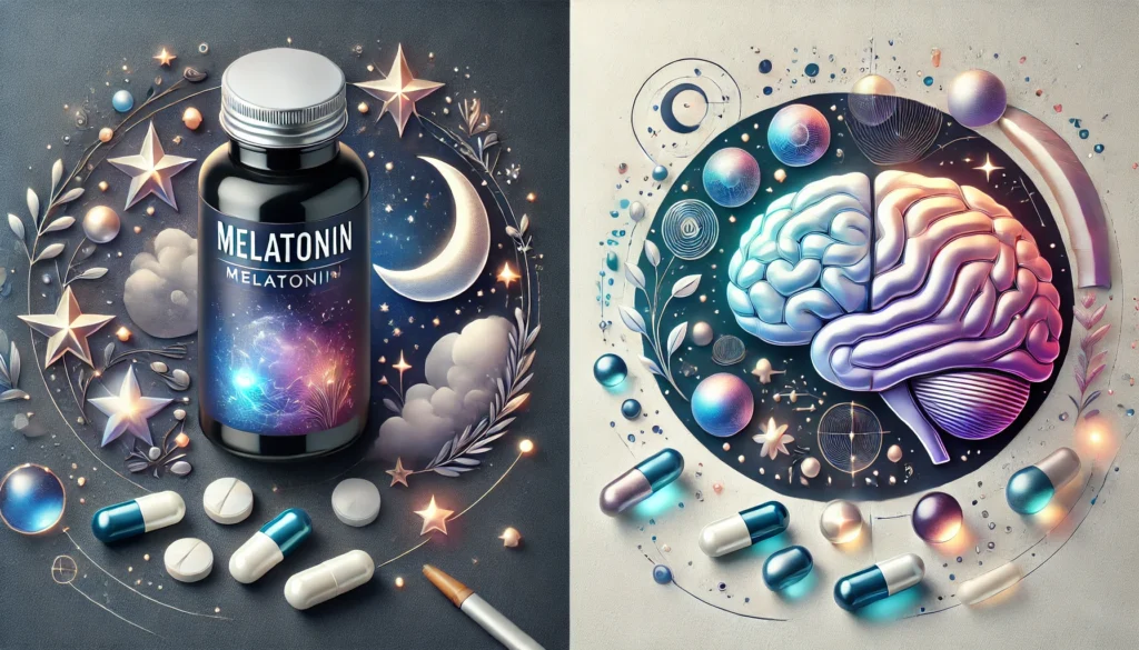 a bottle of melatonin supplements for brain heath along with a picture of a human brain