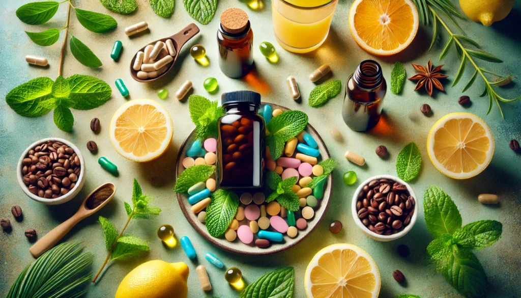 A vibrant flat lay image featuring energy and focus supplement bottles surrounded by fresh mint leaves, coffee beans, lemon slices, and capsules, illuminated with soft natural light, emphasizing health and vitality.