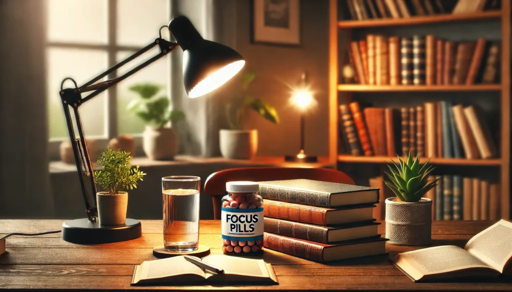 A serene study setup featuring a wooden table with a neatly stacked book, a bottle of focus pills beside a glass of water, and a potted plant. A soft desk lamp illuminates the scene, with a warm and cozy bookshelf blurred in the background, creating an environment ideal for focus and cognitive enhancement.