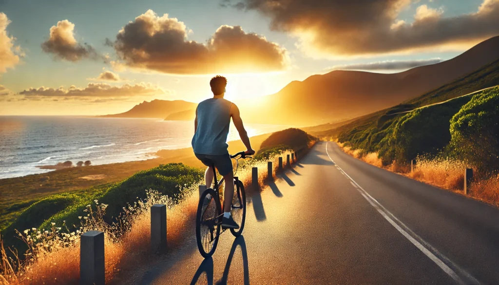 A person cycling along a coastal road at sunset, enjoying the fresh air and ocean breeze. The golden sunlight and open space reflect the mental clarity and stress relief that physical activity provides, emphasizing the harmony between mental and physical health.