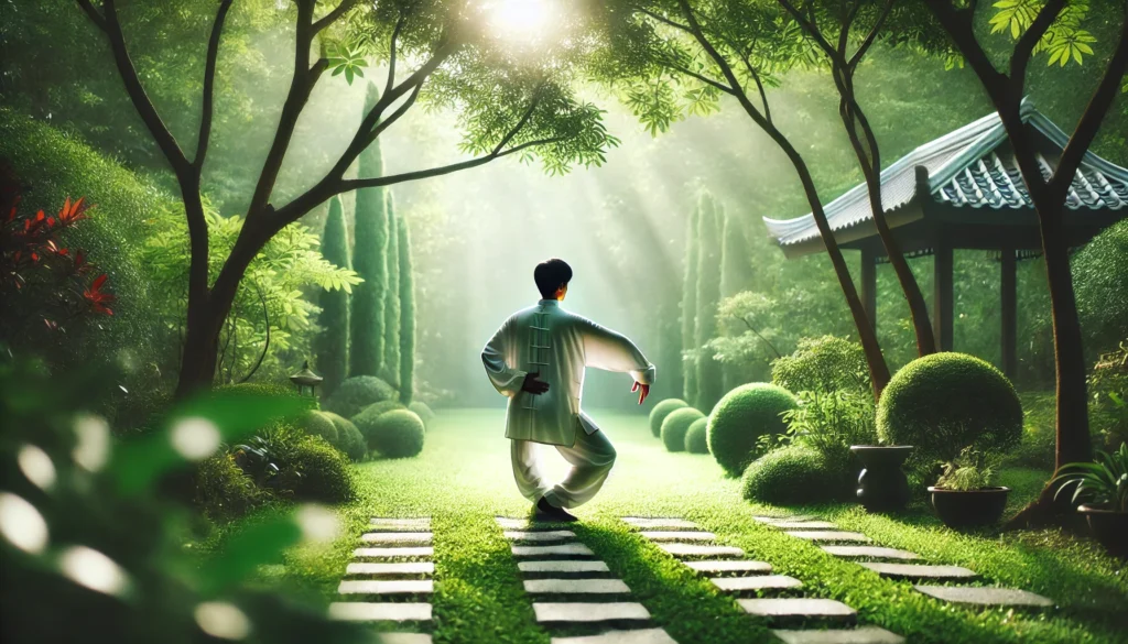 A person gracefully practicing Tai Chi in a peaceful garden, moving with slow, intentional motions. The soft morning light and lush greenery illustrate how Tai Chi serves as a mental health exercise to promote relaxation and mindfulness.