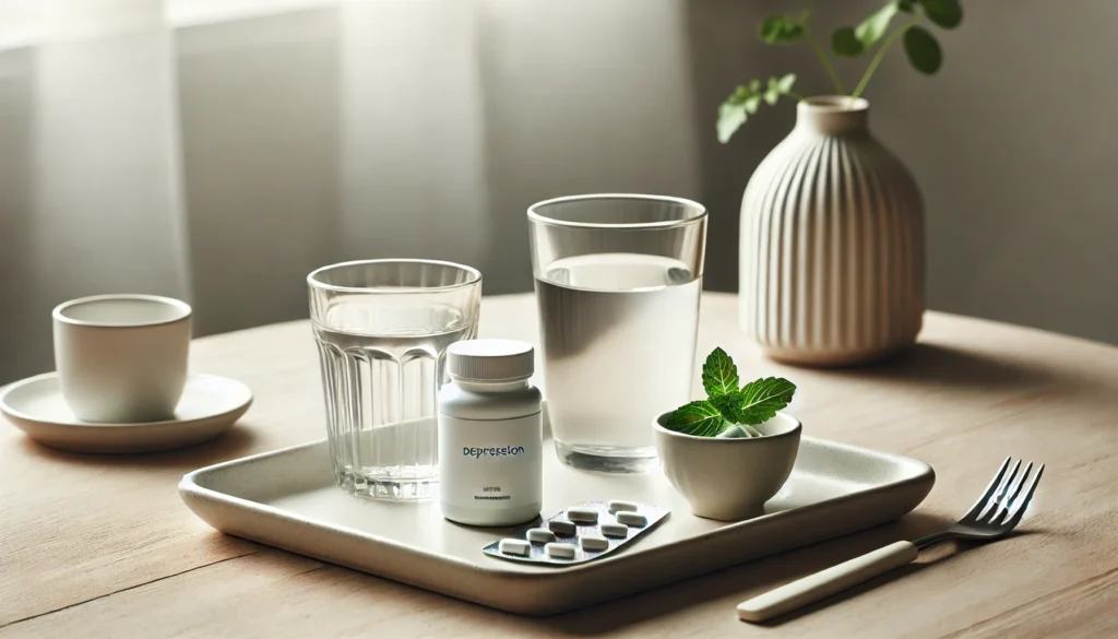 A minimalist wellness setting featuring vitamin supplements for depression, with a white ceramic tray holding a small bottle of capsules, a glass of water, and a sprig of fresh mint, set on a clean wooden table with soft natural lighting.