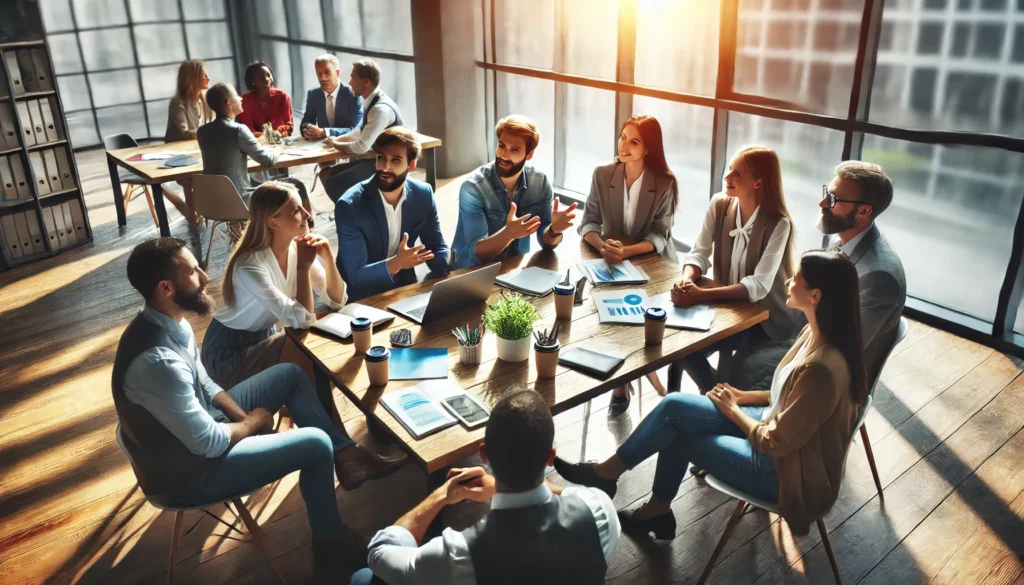 A diverse group of professionals collaborating in a bright office, showcasing teamwork and communication as essential elements of managing stress in the workplace.