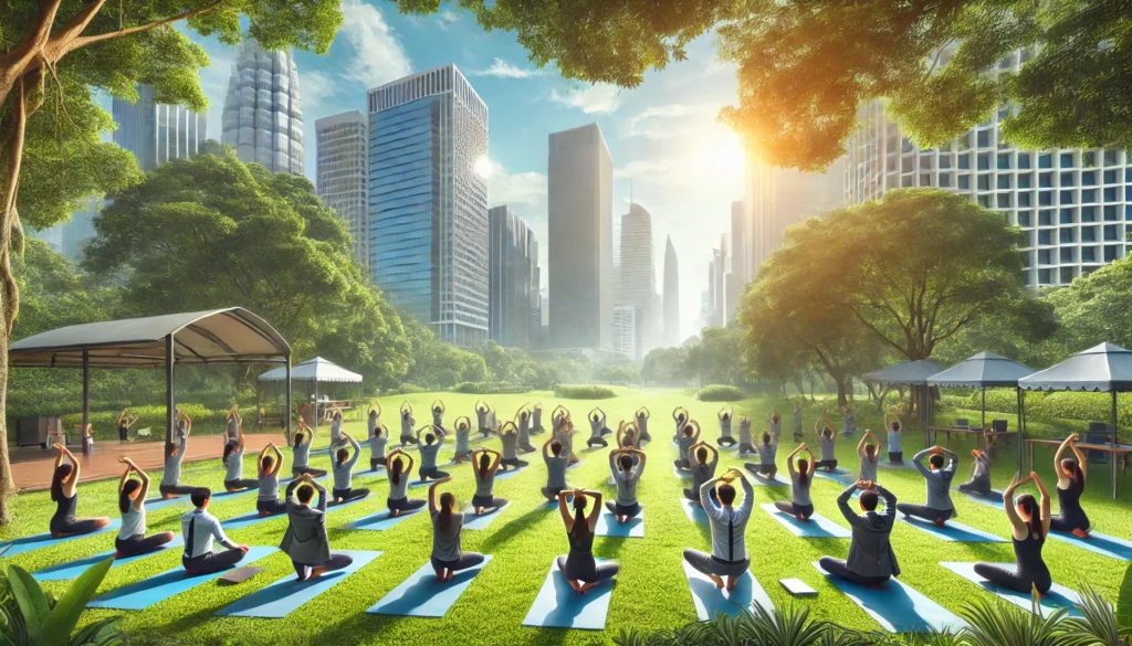 Employees practicing yoga in a lush green park during a corporate wellness event, illustrating workplace stress management through physical activity and mindfulness.