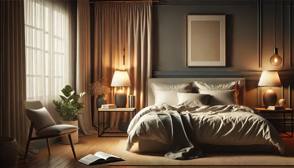 A tranquil bedroom scene featuring a comfortable bed with neutral-toned linens, blackout curtains, a dimly lit lamp, and calming decor like a potted plant and a book on a bedside table. The setting evokes relaxation and is ideal for restful sleep.