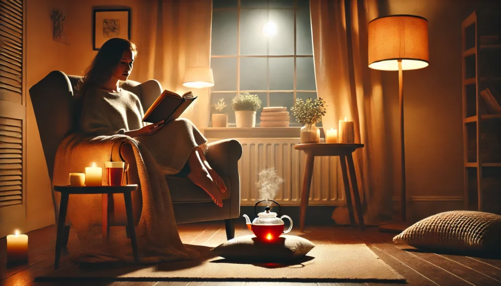 A serene scene of a person reading a book in a dimly lit, cozy armchair, with a warm throw blanket and a steaming cup of herbal tea on a side table. The environment emphasizes relaxation and mindfulness, free from electronic devices.