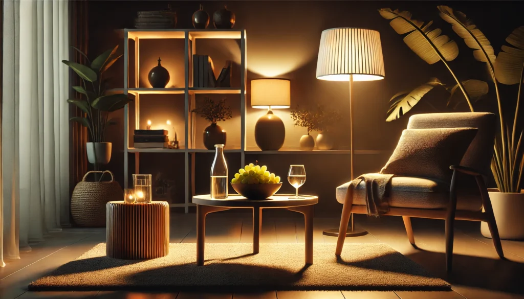 A calming nighttime living room scene showcasing a small wooden table with a bowl of fresh grapes, set beside a cozy armchair and softly lit with a warm ambient glow, evoking a peaceful and relaxing atmosphere ideal for winding down before sleep.