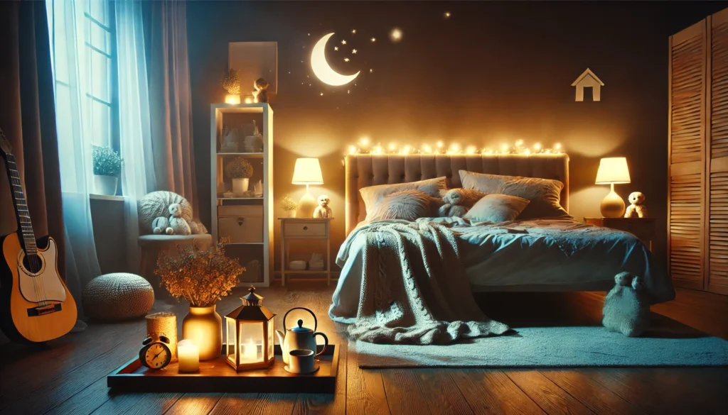 A peaceful nighttime scene promoting sleep hygiene, featuring a cozy bedroom with dim lighting, a comfortable bed, and relaxation elements such as a warm cup of tea and soft pillows. The serene atmosphere symbolizes solutions for mental insomnia.