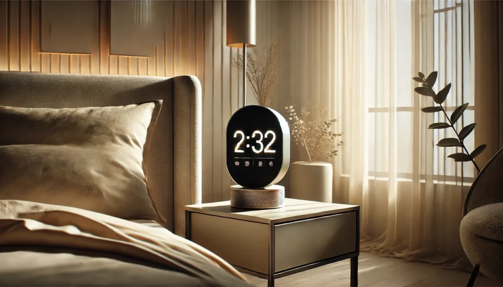 A sleek and minimalist digital clock on a bedside table in a cozy bedroom with natural light streaming through sheer curtains, neutral-toned bedding, and a small plant in the background, designed to evoke relaxation and promote restful sleep.