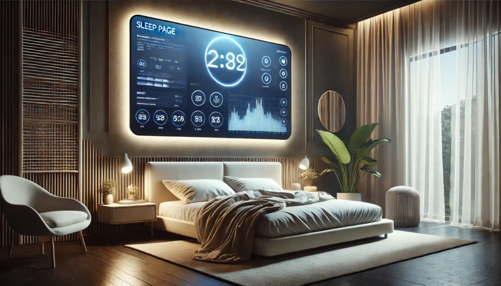 A peaceful nighttime setting showcasing a digital sleep page on a modern tablet placed on a bedside table, surrounded by soft ambient lighting and calming décor.