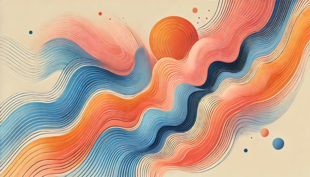 An artistic abstract representation of circadian rhythms with flowing patterns in shades of orange, pink, and blue, symbolizing the transition from day to night. The design is calming and engaging, with no human figures or text.