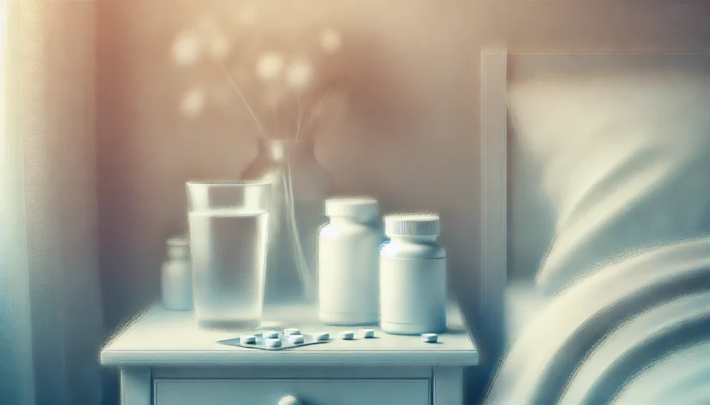 A softly lit bedside table with a serene and minimalistic design, featuring a glass of water, pill bottles, and a few scattered pills. In the background, a blurred vase with delicate flowers adds a touch of calmness and warmth. The scene exudes a tranquil and peaceful atmosphere, ideal for representing rest, wellness, or bedtime routines.