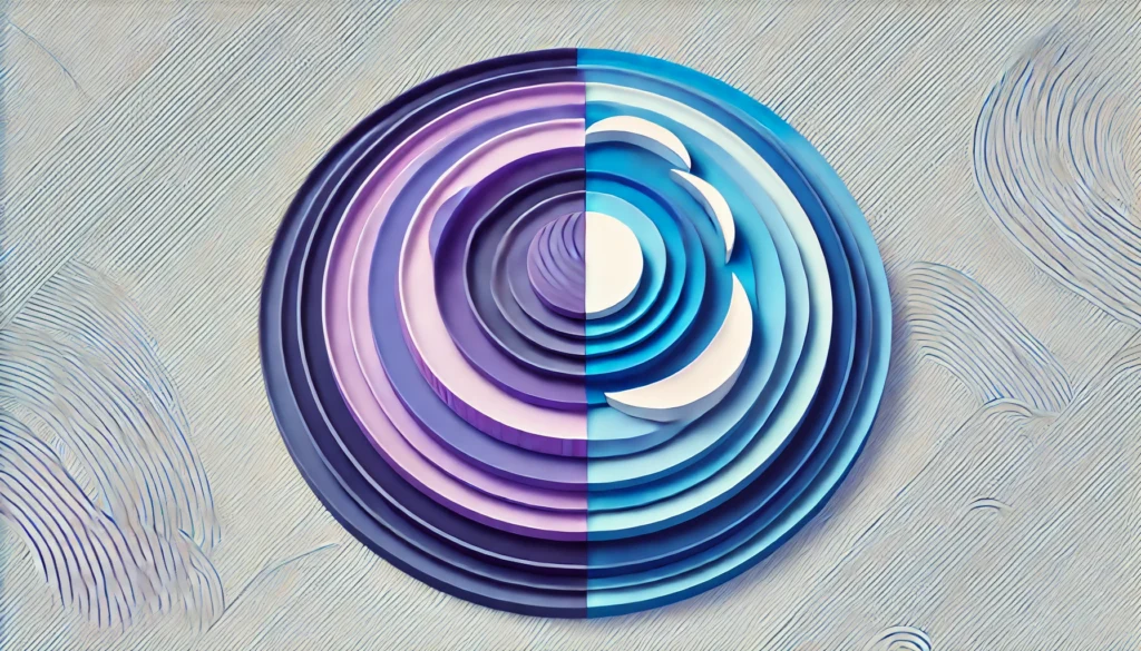 An abstract depiction of sleep cycles featuring layered circular patterns in soothing shades of blue and purple, symbolizing the rhythm and balance of different sleep stages. No text or human figures.