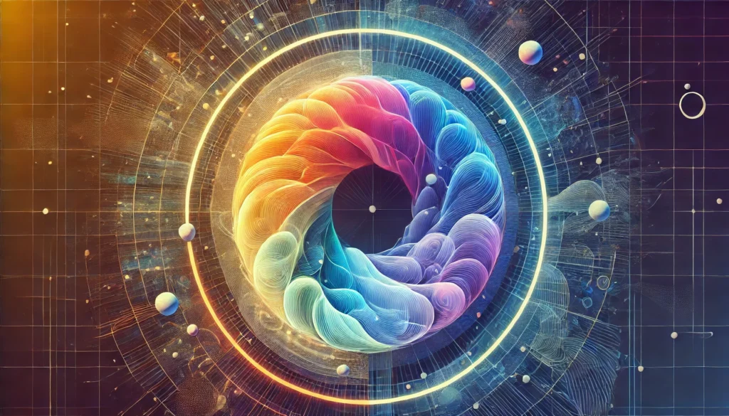 An abstract visualization of the sleep cycle, featuring interconnected circular phases transitioning from vibrant hues representing REM sleep to calm, muted tones symbolizing non-REM sleep. The design captures the restorative essence of sleep as a coping mechanism, free of text or overlays.