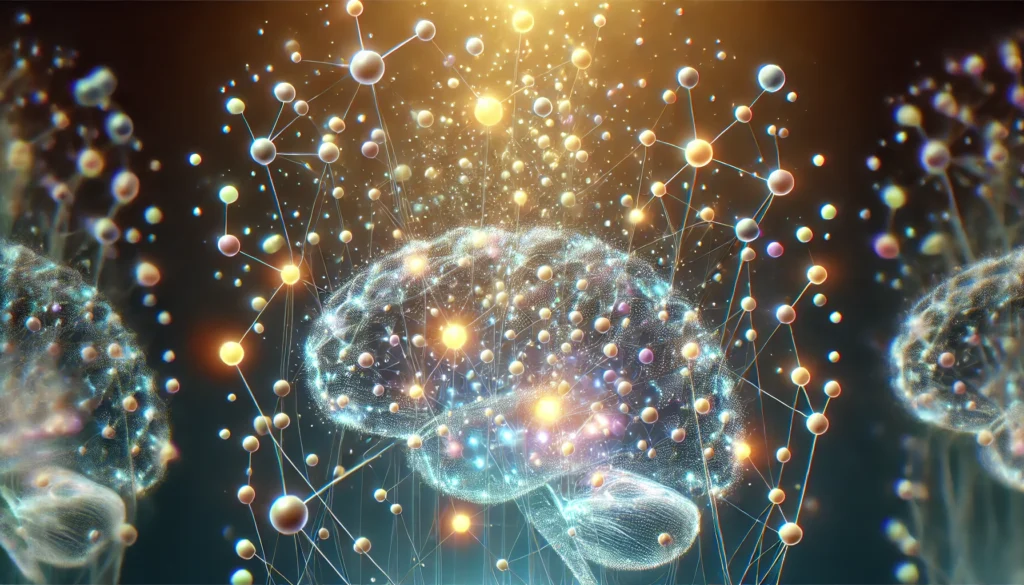 An abstract representation of adenosine molecules accumulating in the brain with glowing dots and neural pathways, illustrating the buildup of sleep pressure and its role in homeostasis.