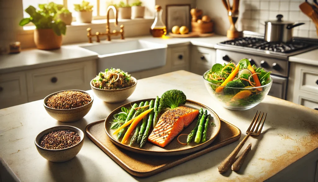 Grilled salmon served with quinoa salad and steamed vegetables on a modern kitchen counter, showcasing healthy foods for brain health and alertness