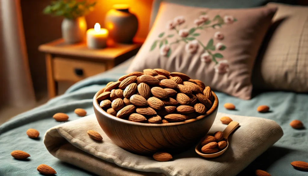 A close-up shot of almonds in a wooden bowl with a cozy background, highlighting their sleep-inducing properties due to their high magnesium content, making them an ideal bedtime snack.