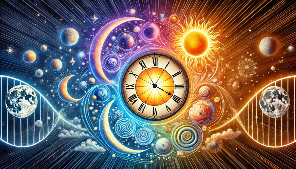 A vibrant illustration of a circadian rhythm cycle featuring the sun, moon, and clock hands transitioning from day to night. The artwork symbolizes the natural sleep-wake cycle and the balance between light and darkness.