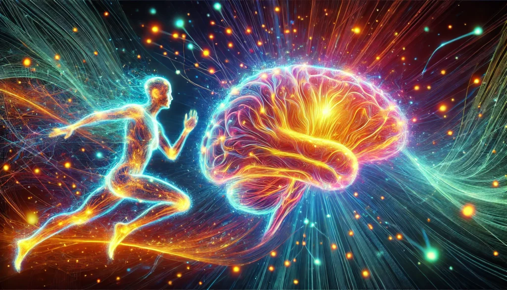 An abstract artistic representation of the brain during exercise, with illuminated neural pathways symbolizing enhanced mental clarity and alertness.