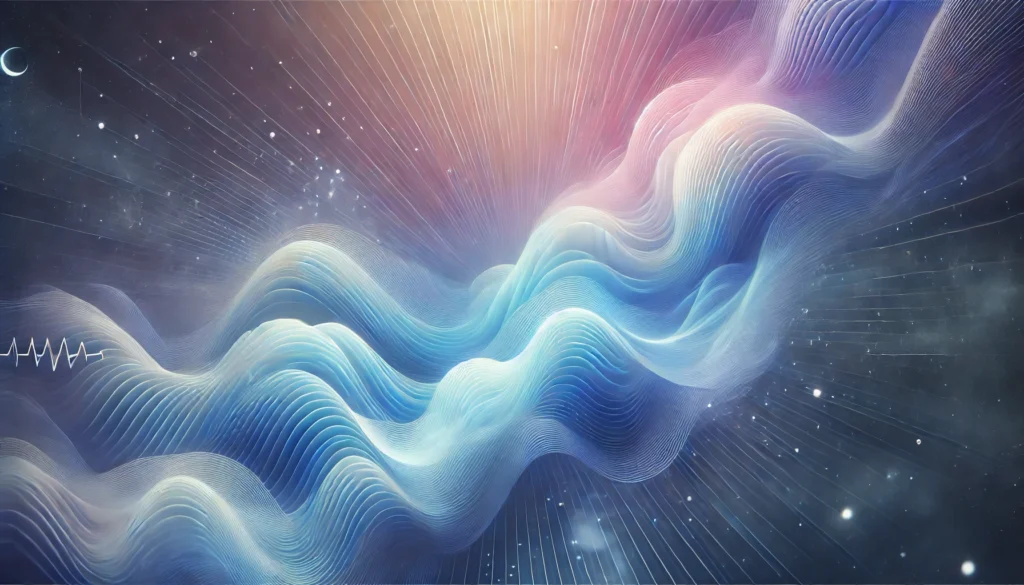 An abstract representation of the sleep cycle with calming gradients of blue and purple, symbolizing the different stages of sleep through serene waves and transitions. The image is ethereal and tranquil, with no text or human figures.