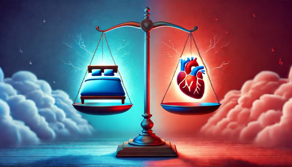 A symbolic image showing a scale with a glowing bed on one side and a heart symbol on the other, representing the balance between sleep and overall health. The background transitions from calming blues to stressed red tones, emphasizing the effects of sleep duration on well-being.