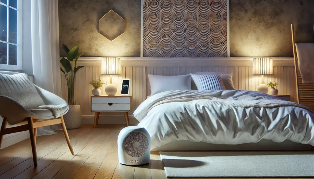 A cozy modern bedroom with a white noise machine on a bedside table, soft bedding, and ambient lighting. The serene environment highlights the importance of masking disruptive sounds for better sleep hygiene, with no visible electronic screens for a distraction-free space.