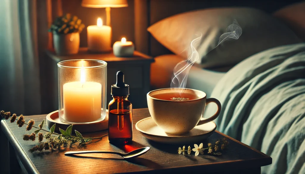 A serene nighttime setup featuring a bedside table with a steaming cup of herbal tea, a sleek glass bottle of sleeping liquid, and a lit candle. The background shows a plush bed with soft lighting, creating a tranquil, text-free environment perfect for relaxation.