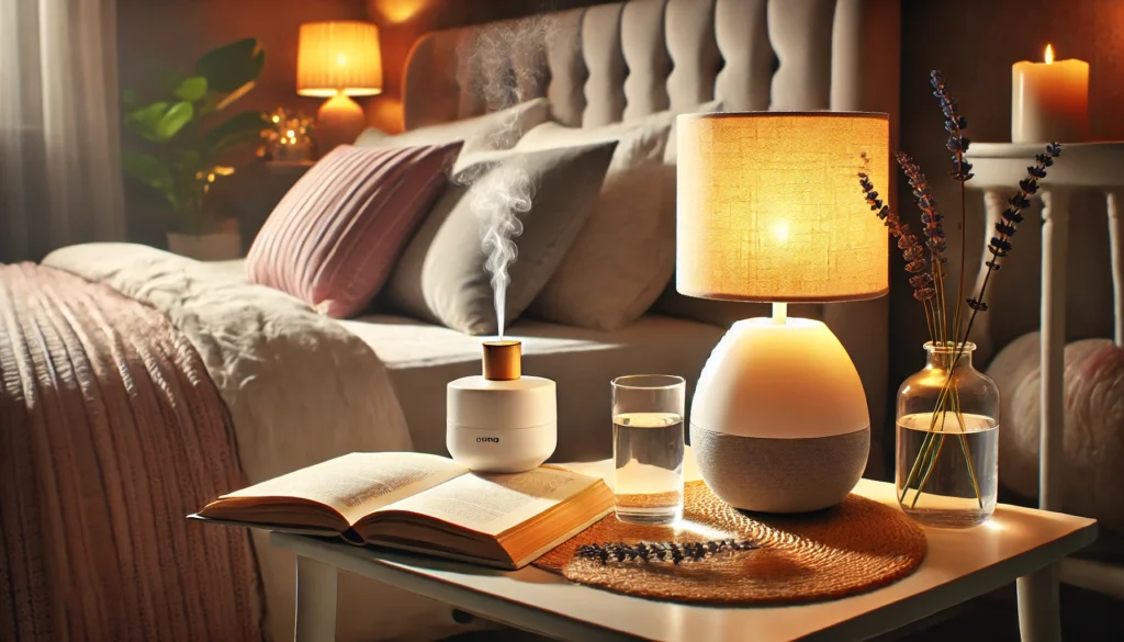 A tranquil bedside table setup with a lit night lamp, an open book, a lavender diffuser emitting mist, and a glass of water. In the background, a comfortable bed with plush pillows and a soft neutral-toned blanket completes the serene environment for better sleep.