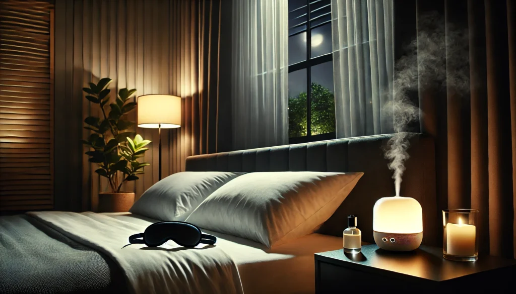 A peaceful bedroom scene featuring blackout curtains covering a large window, a sleep mask resting on a pillow, and a diffuser emitting mist on a bedside table. The softly lit room creates a tranquil and text-free atmosphere ideal for restful sleep.