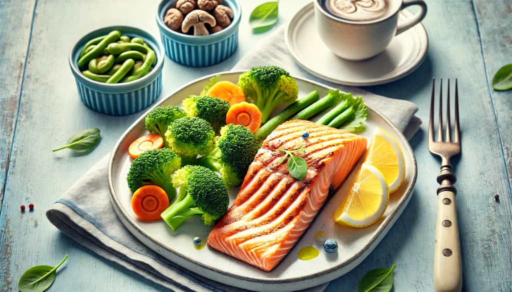 A grilled salmon fillet served with steamed broccoli and carrots, garnished with a slice of lemon, highlighting the benefits of omega-3 fatty acids for brain health in dementia sufferers