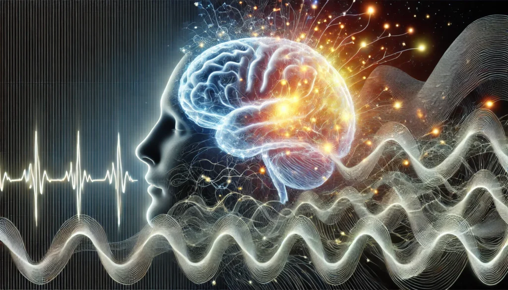 An artistic depiction of a brain transitioning between wakefulness and sleep, showing glowing neural pathways and dynamic brainwave patterns. The surreal design highlights the complex consciousness involved in sleepwalking.