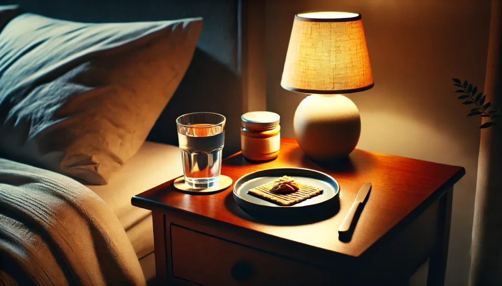 A serene nighttime bedroom scene with a bedside table featuring a plate of whole-grain crackers topped with peanut butter, a glass of water, and a softly glowing lamp, creating a peaceful atmosphere for sleep preparation.