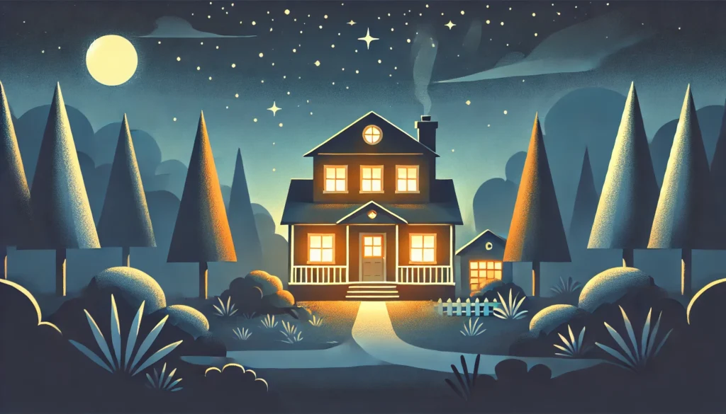 A tranquil nighttime view of a cozy house with warm light glowing from its windows, surrounded by trees under a starry sky. The scene exudes comfort and relaxation, with no human figures or text.