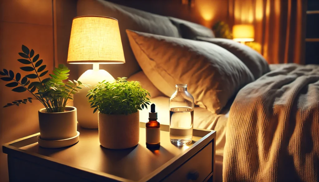 A serene nighttime bedroom featuring a bedside table with an unlabeled bottle, a glass of water, and a potted plant, illuminated by soft, warm lighting and surrounded by cozy bedding, perfect for promoting restful sleep.