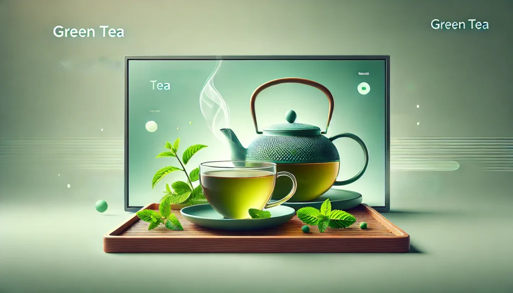 A serene setup of a steaming cup of green tea accompanied by a teapot and fresh mint leaves on a sleek wooden tray. The softly lit background evokes relaxation, emphasizing green tea's role in enhancing focus and energy.