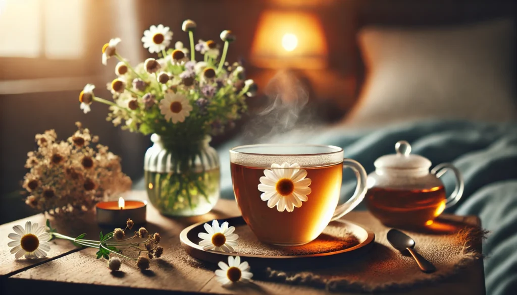 A warm cup of chamomile tea with steam rising, set on a bedside table in a cozy atmosphere, emphasizing its calming properties for promoting restful sleep.