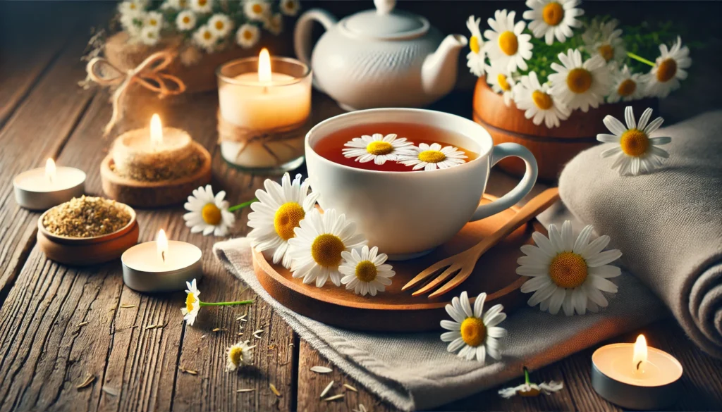 A close-up of a warm cup of chamomile tea on a wooden table, surrounded by fresh chamomile flowers and soft candlelight, symbolizing natural relaxation and sleep aids.