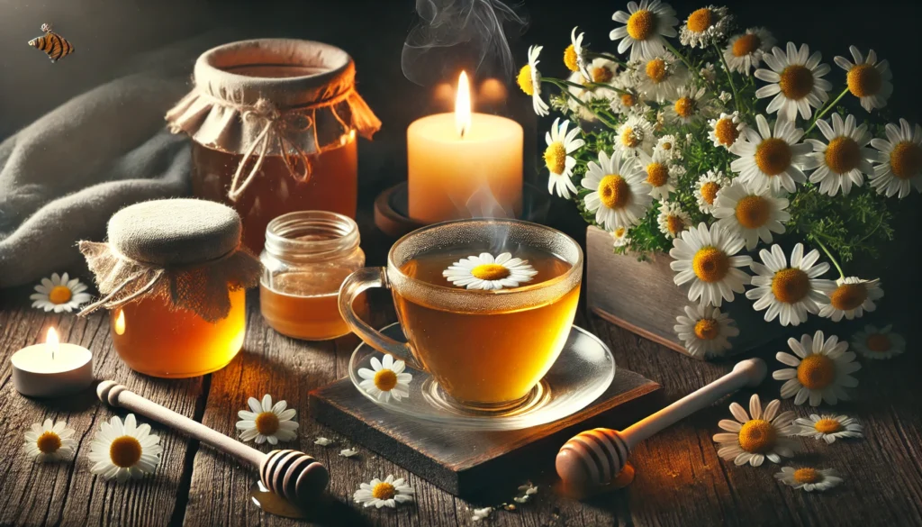 A cozy nighttime setup featuring a steaming cup of chamomile tea on a rustic wooden table, accompanied by fresh chamomile flowers, a honey jar, and a softly glowing candle, highlighting natural remedies for relaxation and better sleep.