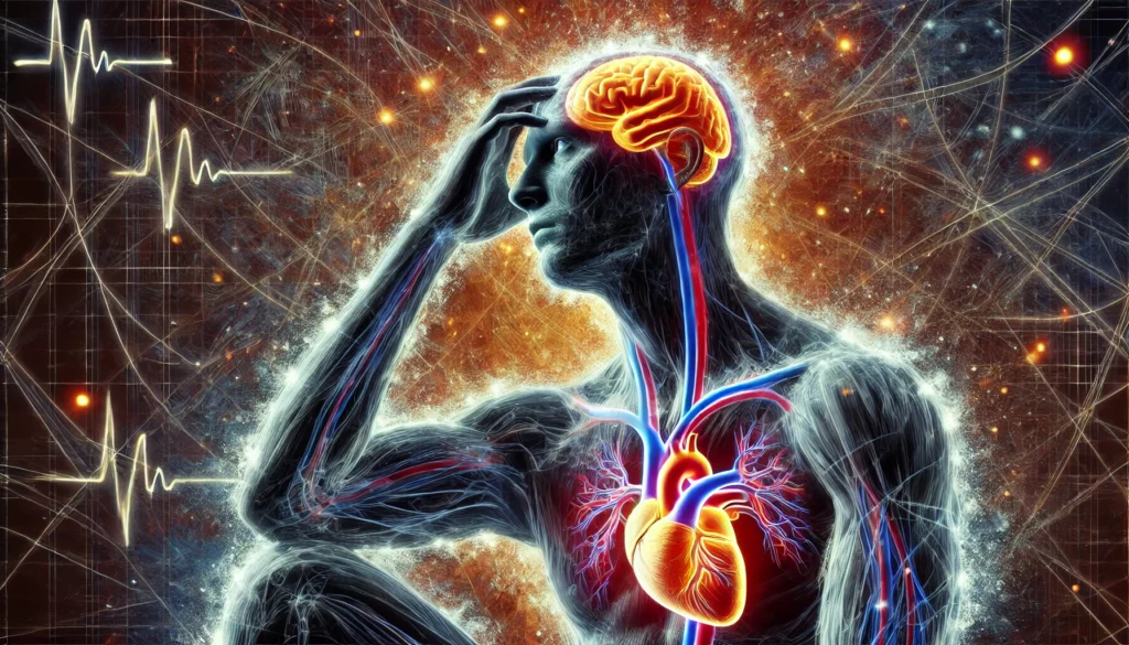 An artistic illustration of the impact of chronic sleep deprivation, featuring a glowing human figure with highlighted internal organs, including the heart and brain. The chaotic dark background symbolizes stress and physiological imbalance.