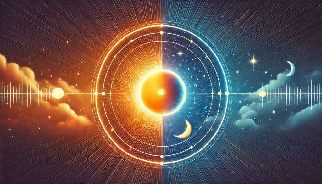 An artistic depiction of the circadian rhythm featuring a glowing sun transitioning into a starry night sky with a moon. A subtle clock face overlays the scene, connecting daytime and nighttime phases. The gradient of warm oranges to cool blues symbolizes the natural balance of the sleep-wake cycle.