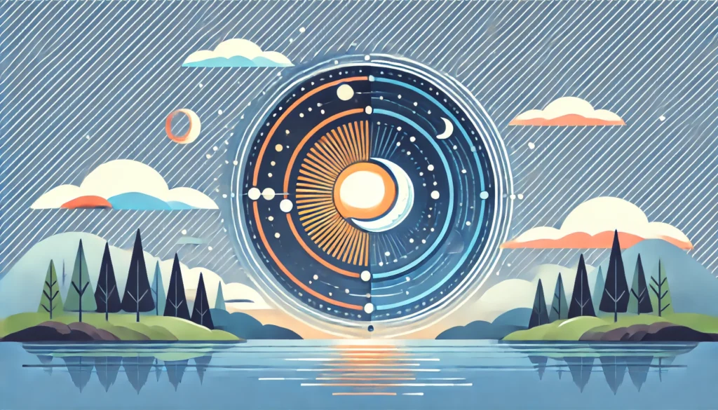 A conceptual illustration of circadian rhythm, featuring a circular transition from day to night with a glowing sun and moon above a tranquil landscape. The design highlights the natural sleep-wake cycle, focusing on older adults.