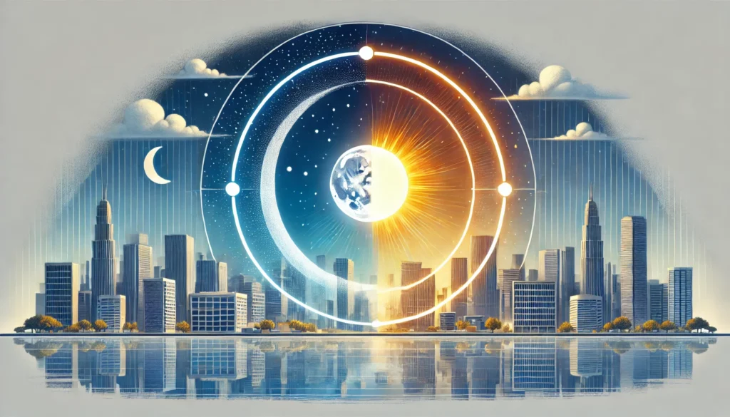 A conceptual illustration of circadian rhythms, showing a glowing sun and moon in a circular transition above a tranquil urban landscape. The image symbolizes the relationship between light exposure, sleep patterns, and adaptation for modern lifestyles.