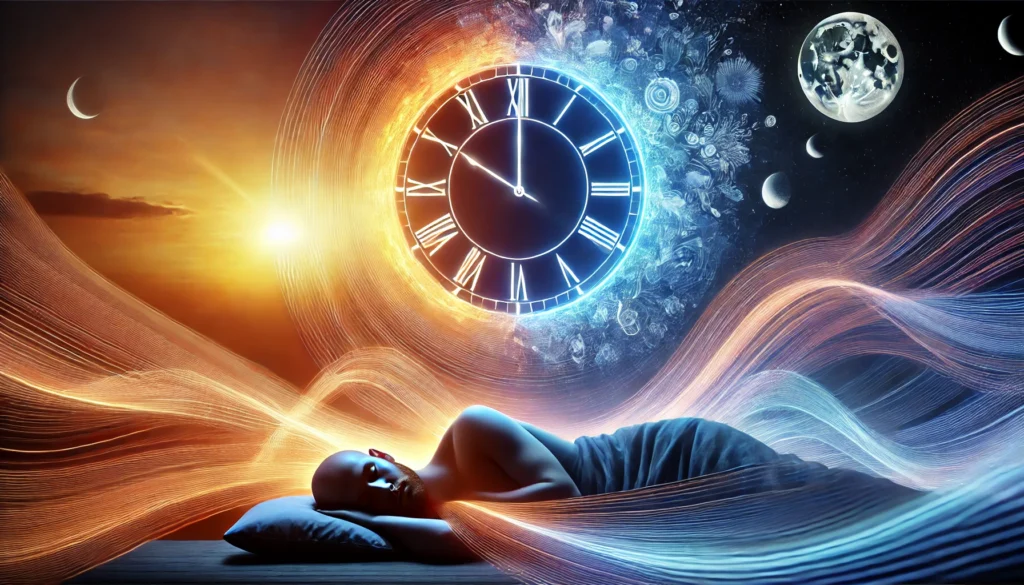 A conceptual illustration of circadian rhythms influencing sleep, featuring a glowing clock encircled by light flows transitioning from sunrise hues to midnight blues. A tranquil figure rests in the foreground, with a backdrop blending day and night to depict the natural sleep-wake cycle.