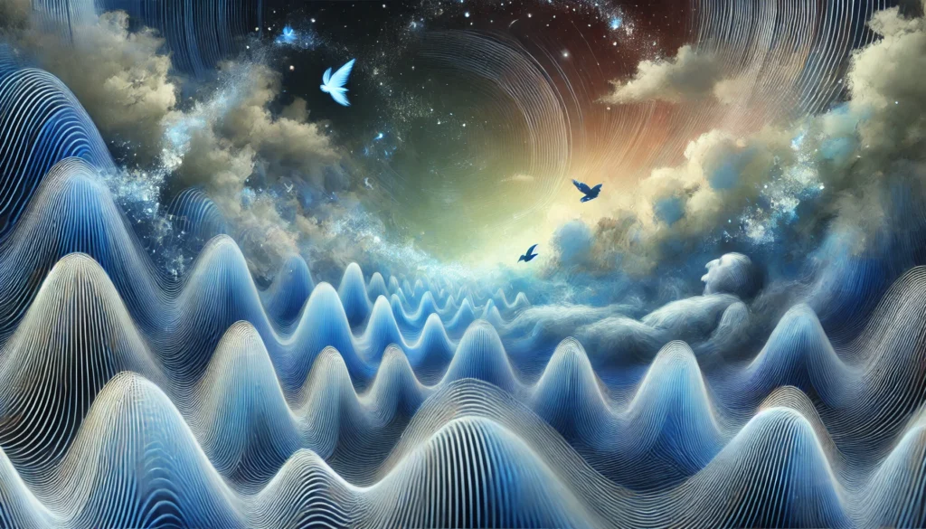 An abstract rendering of deep sleep cycles, visually illustrating the transition between NREM and REM sleep with soothing colors and wave-like patterns.