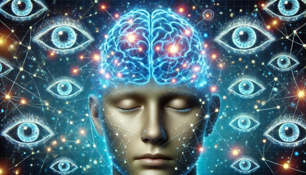 A conceptual illustration of the human brain during REM sleep, featuring glowing neural connections, a dreamy blue background, and abstract eye shapes symbolizing rapid eye movement.