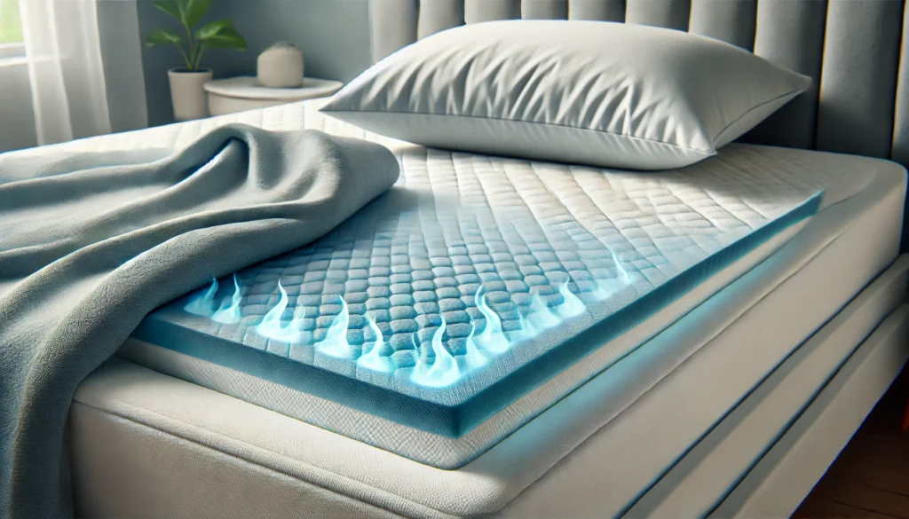 A close-up of a cooling gel mattress topper on a bed, accompanied by a neatly placed lightweight blanket and pillow. The setup highlights comfort and effective temperature regulation for better sleep.