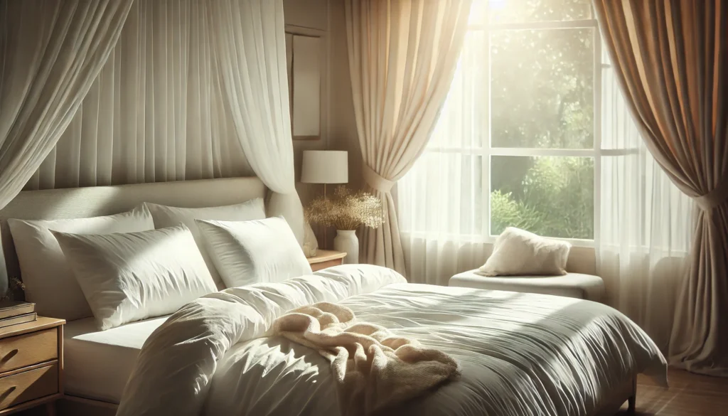 A serene bedroom with soft natural light, a cozy bed with white linens, and a tranquil atmosphere, ideal for promoting restful naps and recovery.