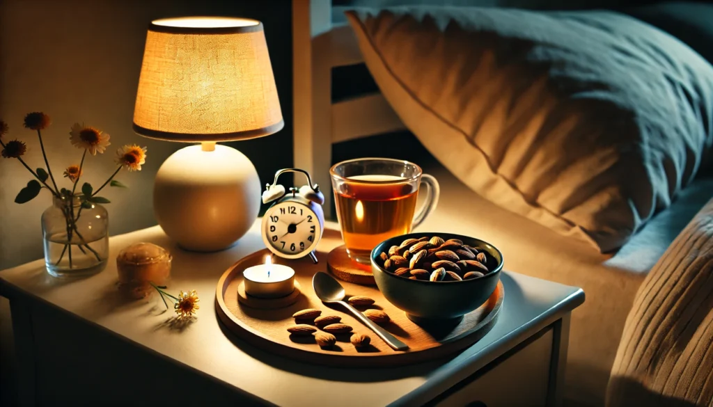 A relaxing bedside table scene featuring a small bowl of almonds, a warm cup of chamomile tea, and a softly glowing bedside lamp, perfect for winding down before sleep.