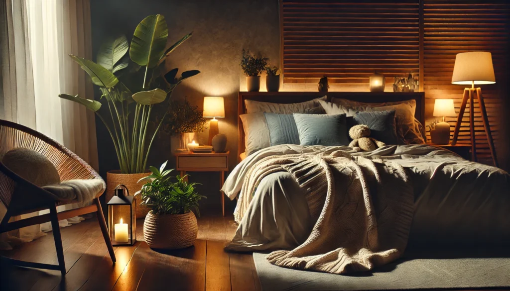 A cozy and tranquil bedroom setting with dim lighting, plush bedding, and a potted plant, evoking a peaceful environment ideal for restful sleep.